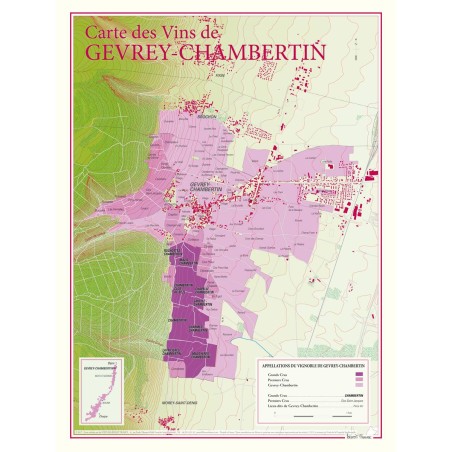 Carte parcellaire de Gevrey-Chambertin Benoît France 30 × 40 cm, grands crus en couleur