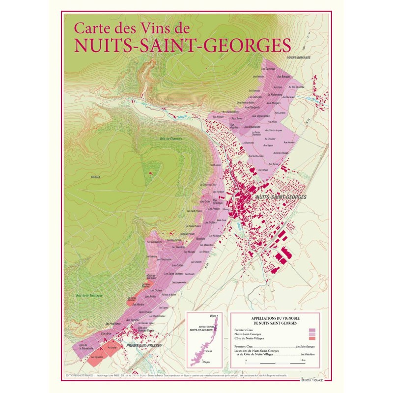 Carte de Nuits-Saint-Georges Benoît France 30 × 40 cm, premiers crus et lieux-dits