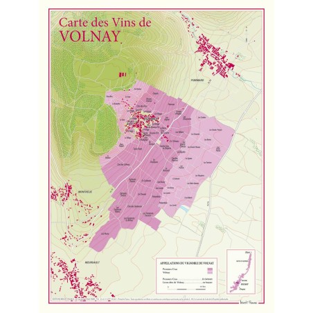 Carte des vins de Volnay Benoît France 30 × 40 cm avec climats et premiers crus délimités