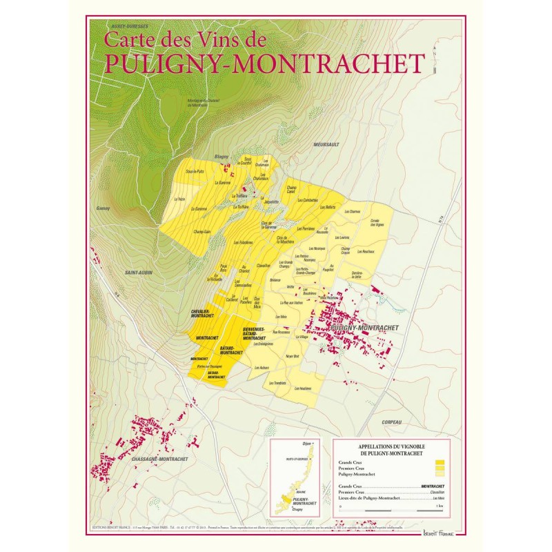 Carte de Puligny-Montrachet Benoît France 30 × 40 cm avec grands crus et premiers crus