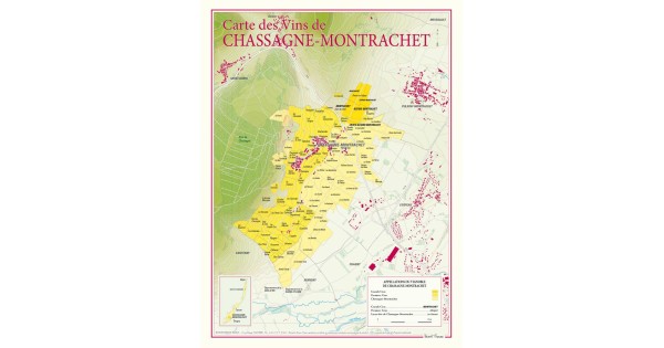Carte de Chassagne-Montrachet Benoît France 30 × 40 cm, aires des crus en couleur