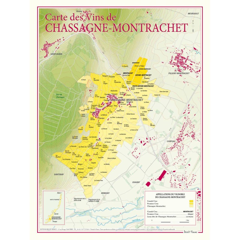 Carte de Chassagne-Montrachet Benoît France 30 × 40 cm, aires des crus en couleur