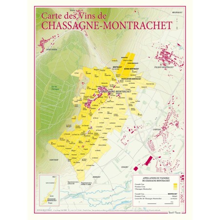 Carte de Chassagne-Montrachet Benoît France 30 × 40 cm, aires des crus en couleur
