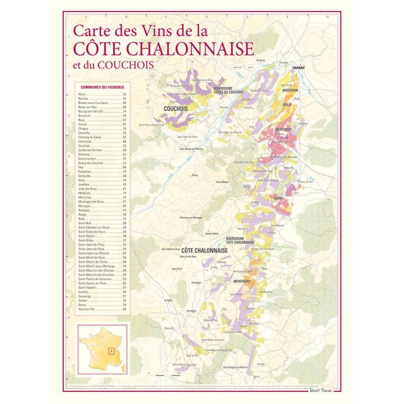 Carte de la Côte chalonnaise Benoît France 30 × 40 cm avec les communes viticoles