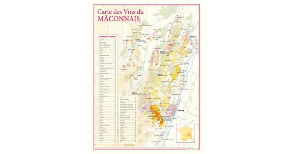Carte des vins du Mâconnais Benoît France 30 × 40 cm, appellations et communes