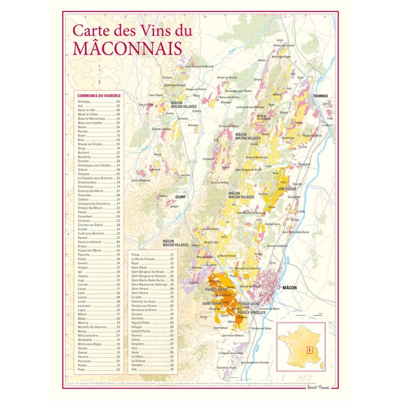 Carte des vins du Mâconnais Benoît France 30 × 40 cm, appellations et communes