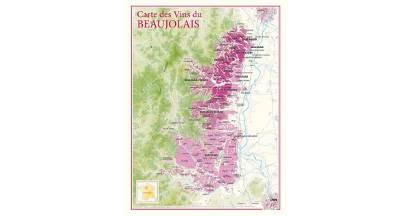 Carte des vins du Beaujolais Benoît France 30 × 40 cm, dix crus et limites des communes