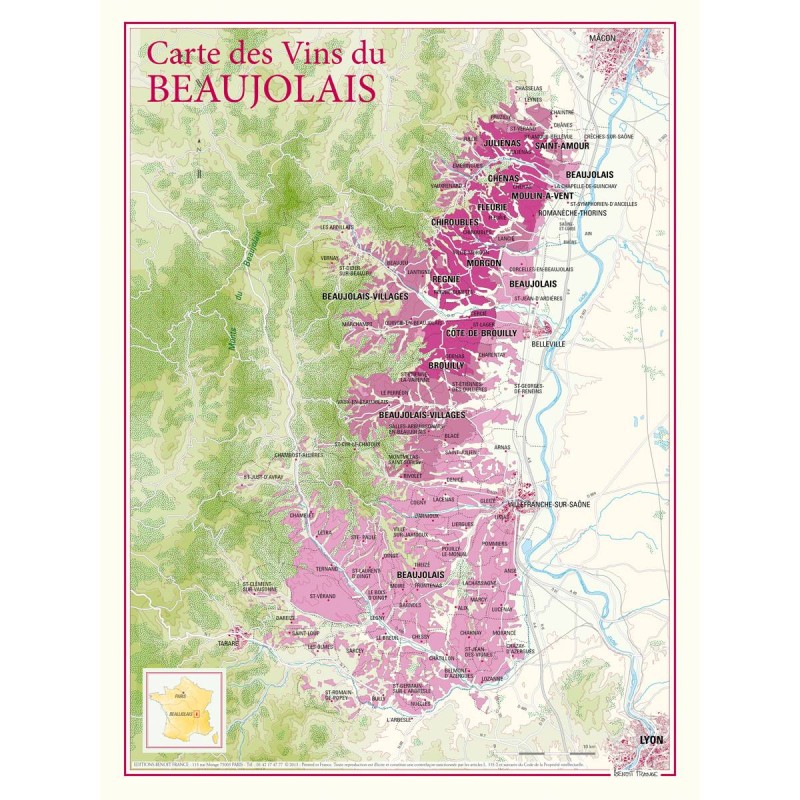 Carte des vins du Beaujolais Benoît France 30 × 40 cm, dix crus et limites des communes