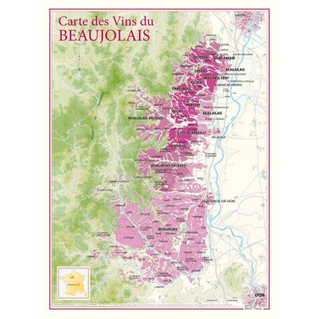 Carte des vins du Beaujolais Benoît France 30 × 40 cm, dix crus et limites des communes