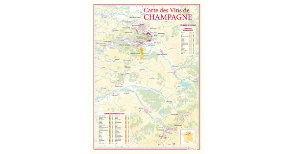 Carte générale des vins de Champagne Benoît France 30 × 40 cm avec régions et sous-régions