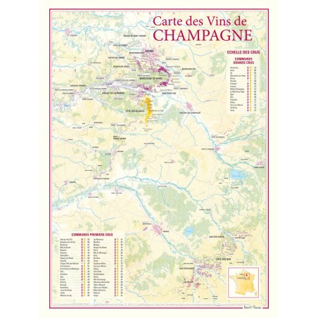 Carte générale des vins de Champagne Benoît France 30 × 40 cm avec régions et sous-régions