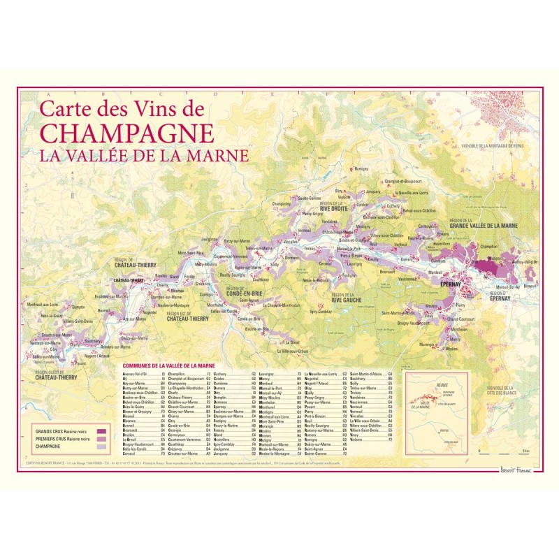 Carte de la Vallée de la Marne Benoît France 30 × 40 cm, vignobles de Champagne le long de la rivière