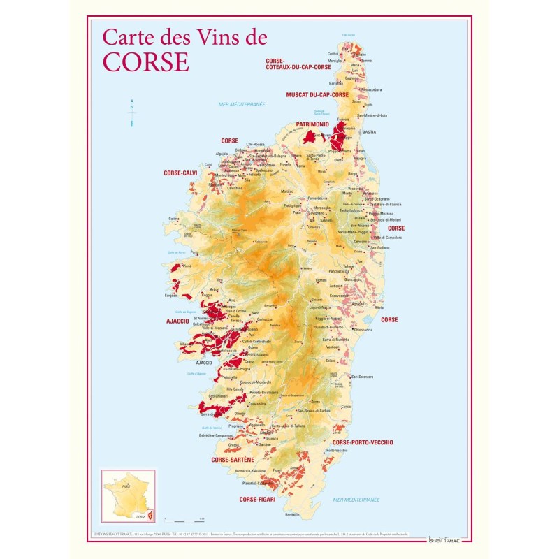 Carte des vins de Corse Benoît France 30 × 40 cm avec les appellations de l’île