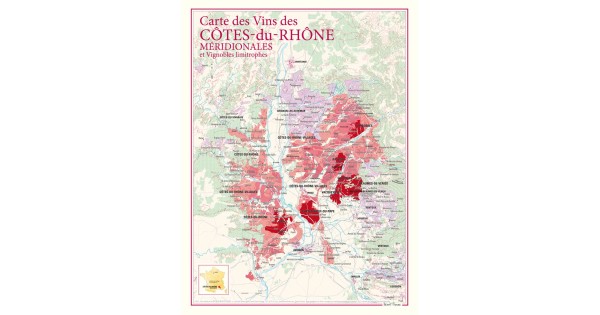 Carte des Côtes-du-Rhône méridionales Benoît France 30 × 40 cm avec les aires d’appellation