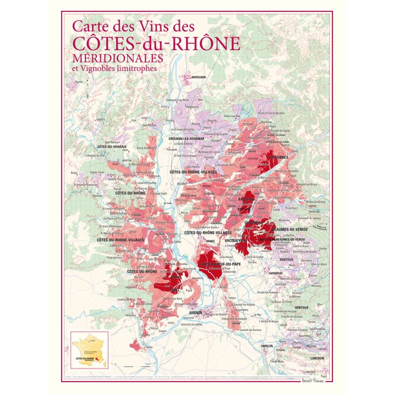 Carte des Côtes-du-Rhône méridionales Benoît France 30 × 40 cm avec les aires d’appellation