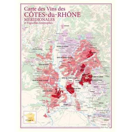 Carte des Côtes-du-Rhône méridionales Benoît France 30 × 40 cm avec les aires d’appellation