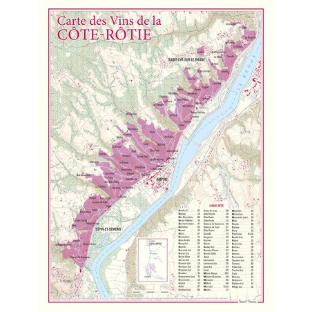 Carte de Côte-Rôtie Benoît France 30 × 40 cm, vignoble et tableau des lieux-dits
