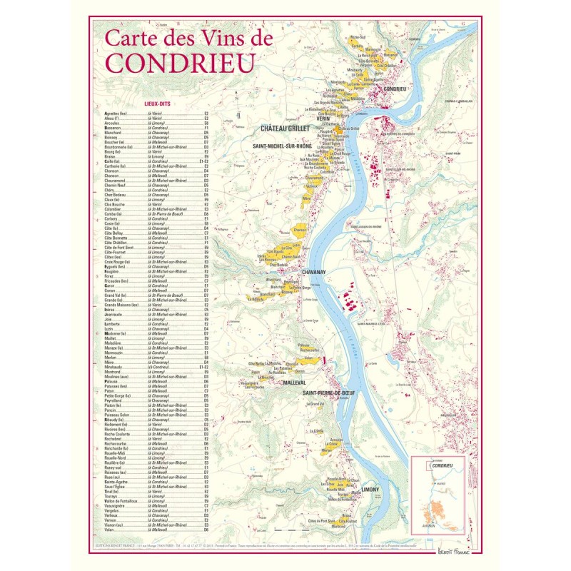 Carte de Condrieu Benoît France 30 × 40 cm avec Château-Grillet et les lieux-dits