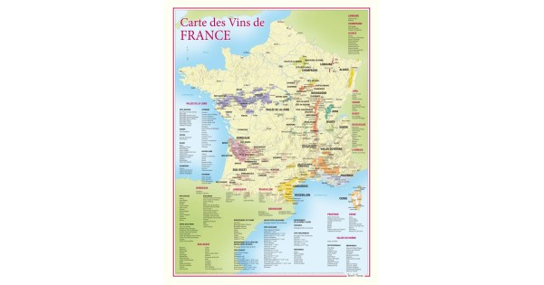 Carte des vins de France Benoît France 30 × 40 cm, régions colorées et listes d’appellations