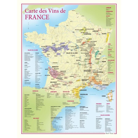 Carte des vins de France Benoît France 30 × 40 cm, régions colorées et listes d’appellations