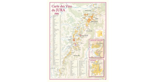 Carte des vins du Jura Benoît France 30 × 40 cm avec encarts Château-Chalon et L’Étoile