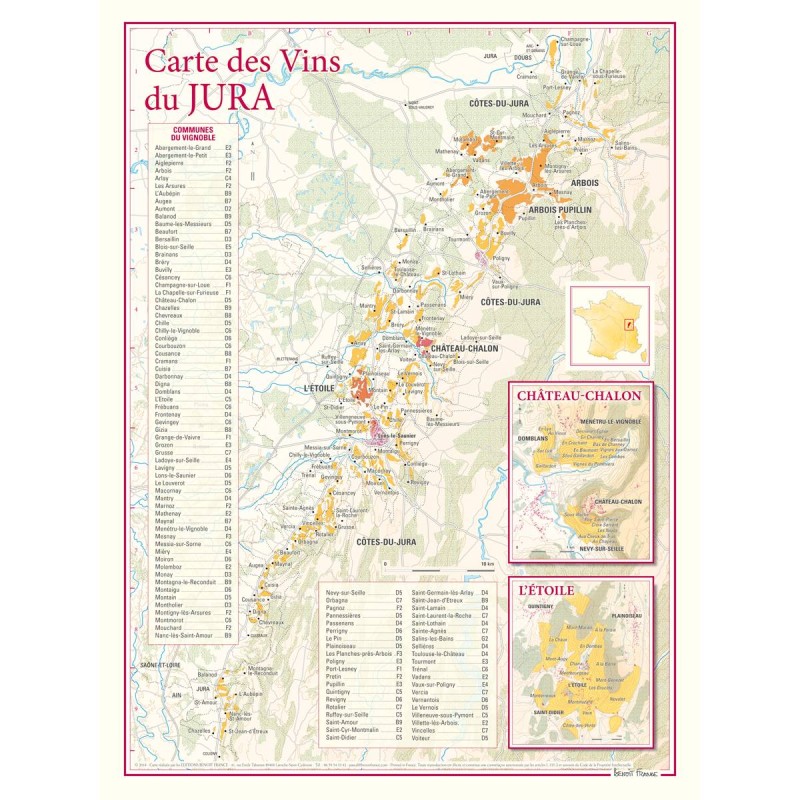 Carte des vins du Jura Benoît France 30 × 40 cm avec encarts Château-Chalon et L’Étoile