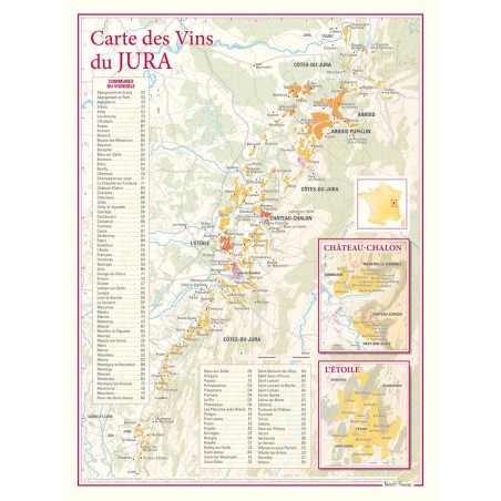 Carte des vins du Jura Benoît France 30 × 40 cm avec encarts Château-Chalon et L’Étoile