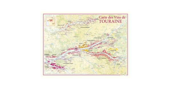Carte des vins de Touraine Benoît France 30 × 40 cm, vignobles le long de la Loire