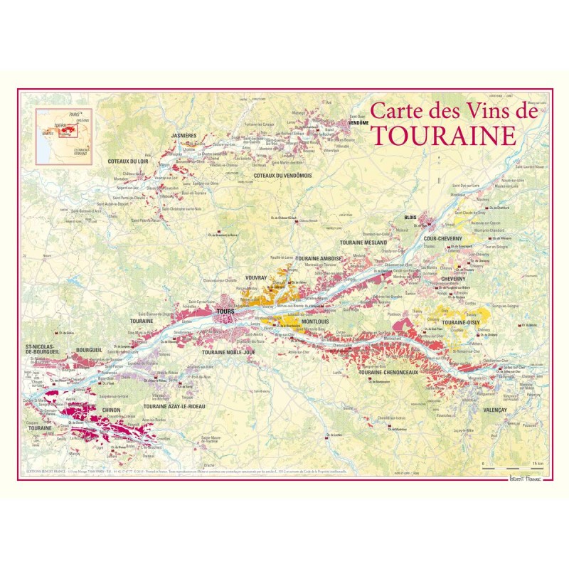 Carte des vins de Touraine Benoît France 30 × 40 cm, vignobles le long de la Loire