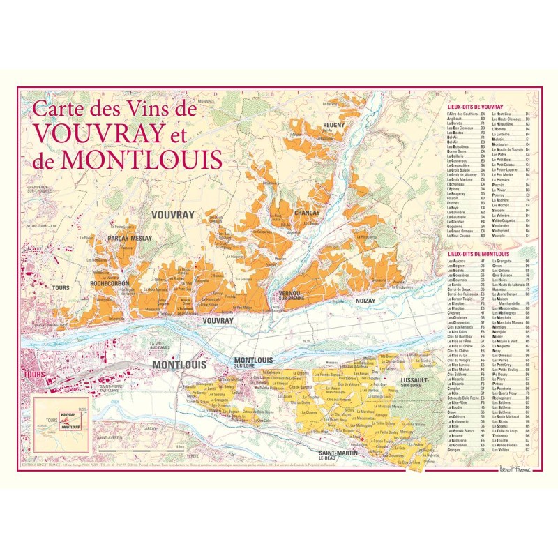 Carte de Vouvray et Montlouis Benoît France 30 × 40 cm, vignobles sur les deux rives de la Loire