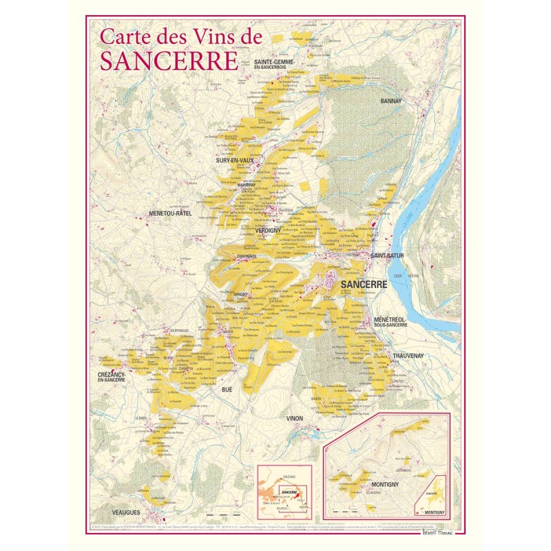 Carte des vins de Sancerre Benoît France 30 × 40 cm, communes et lieux-dits