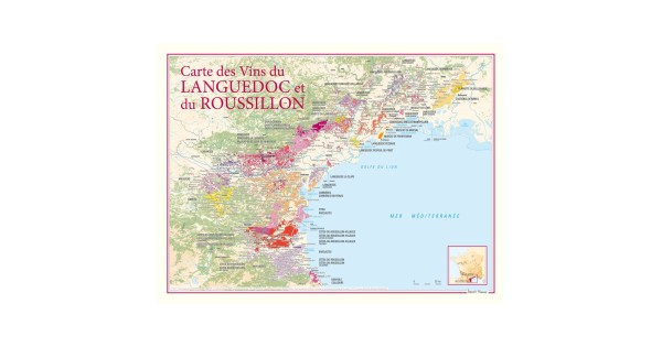 Carte du Languedoc-Roussillon Benoît France 30 × 40 cm, vignobles sur la Méditerranée