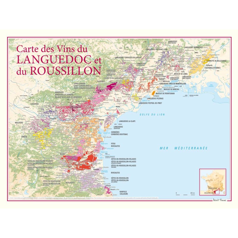 Carte du Languedoc-Roussillon Benoît France 30 × 40 cm, vignobles sur la Méditerranée