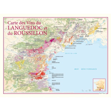 Carte du Languedoc-Roussillon Benoît France 30 × 40 cm, vignobles sur la Méditerranée