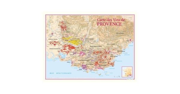 Carte des vins de Provence Benoît France 30 × 40 cm, appellations sur fond en relief