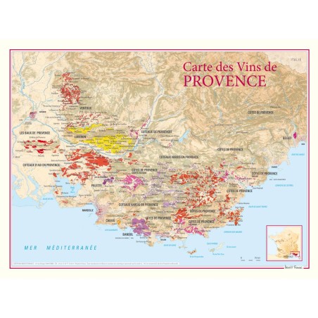 Carte des vins de Provence Benoît France 30 × 40 cm, appellations sur fond en relief