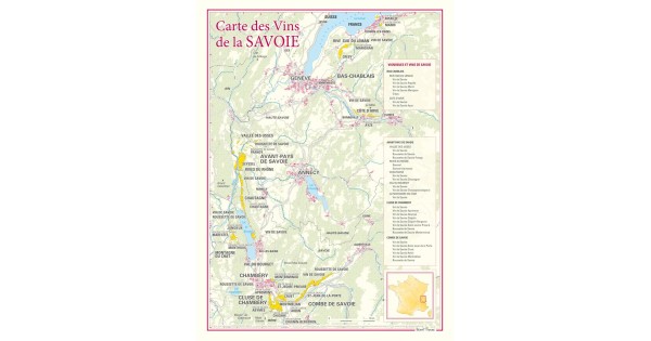 Carte des vins de Savoie Benoît France 30 × 40 cm, secteurs et sous-régions viticoles