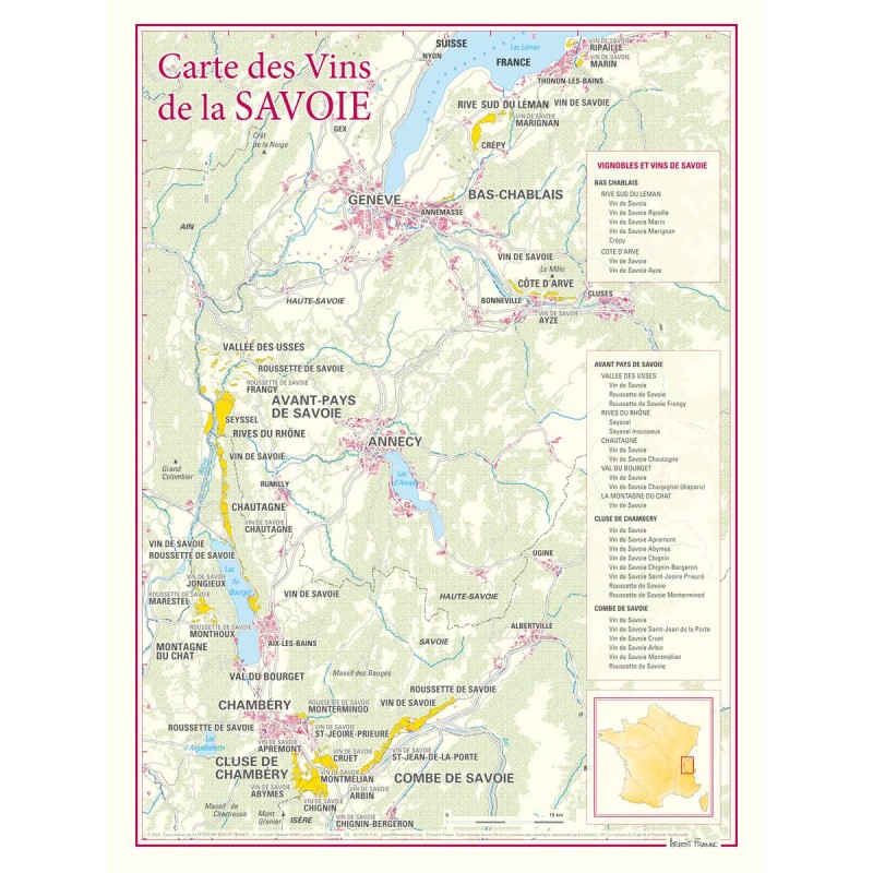 Carte des vins de Savoie Benoît France 30 × 40 cm, secteurs et sous-régions viticoles
