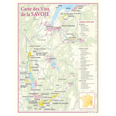 Carte des vins de Savoie Benoît France 30 × 40 cm, secteurs et sous-régions viticoles