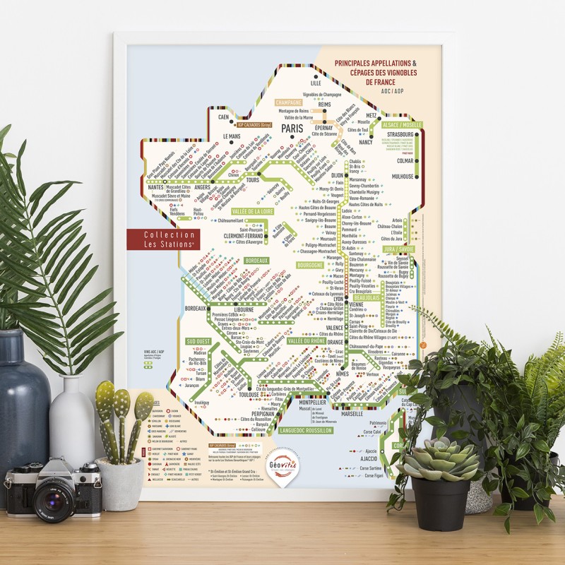 Carte des vins Les Stations Originale Géovitis présentée sous cadre, cadre non fourni