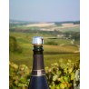 Pince L’Atelier du Vin posée sur le bouchon d’une bouteille devant les vignes