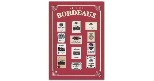 Plaque métal Étiquettes de Bordeaux 30 × 40 cm sur fond rouge