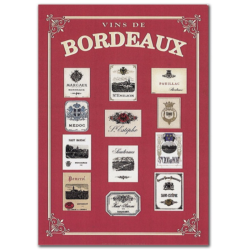 Plaque métal Étiquettes de Bordeaux 30 × 40 cm sur fond rouge