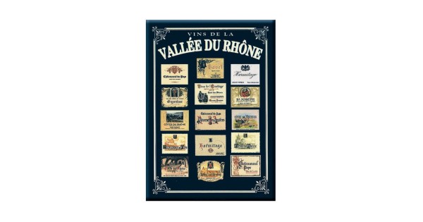 Plaque métal Étiquettes de la Vallée du Rhône sur fond bleu, 30 × 40 cm