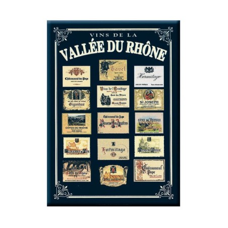 Plaque métal Étiquettes de la Vallée du Rhône sur fond bleu, 30 × 40 cm