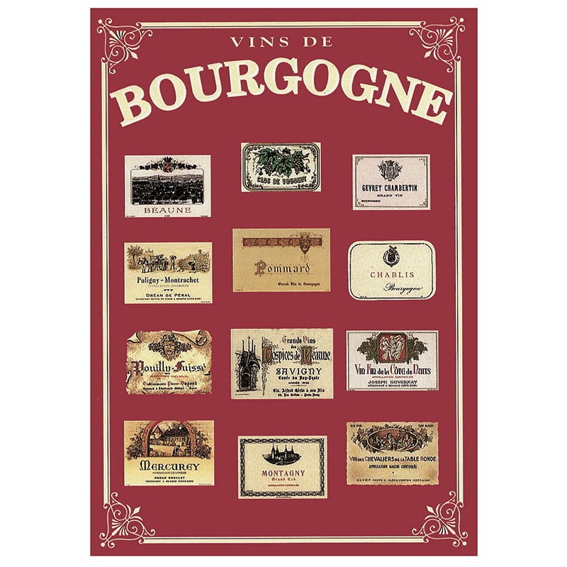 Carte décorative métal Étiquettes de Bourgogne 15 × 21 cm, fond rouge