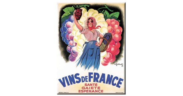Carte métal Vins de France avec vendangeuse et grappes de raisin, 15 × 21 cm