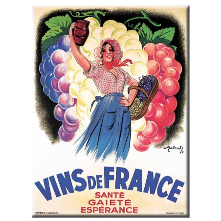 Carte métal Vins de France avec vendangeuse et grappes de raisin, 15 × 21 cm