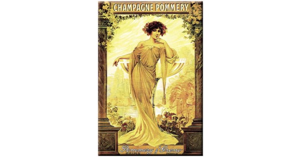 Carte métal Champagne Pommery 15 × 21 cm, femme en robe dorée et décor végétal