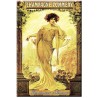 Carte métal Champagne Pommery 15 × 21 cm, femme en robe dorée et décor végétal